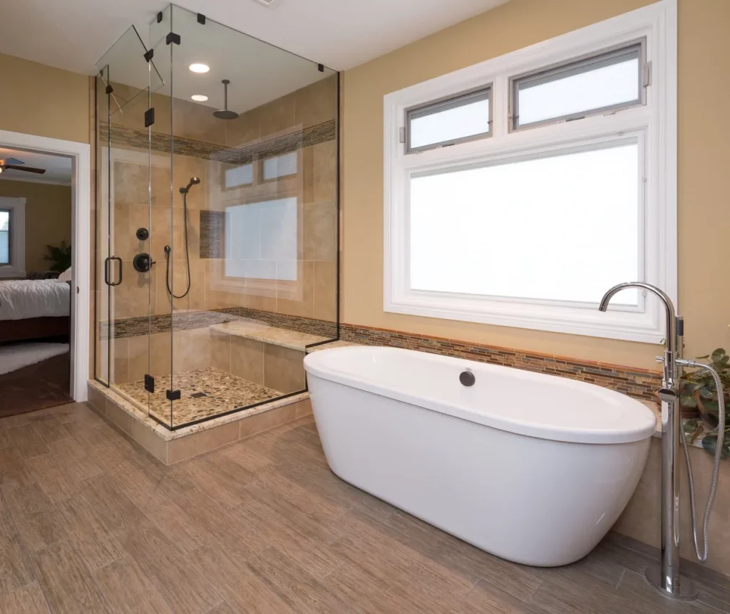 Master bathroom layout with freestanding tub