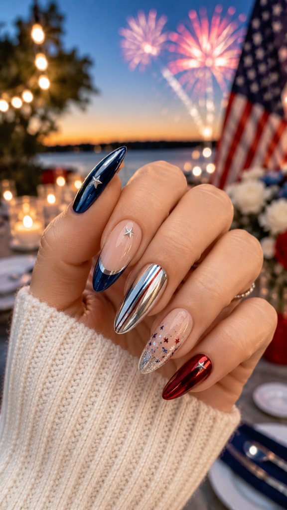 🥇 Best 1 Minimalist Chrome Fourth of July Nail Designs