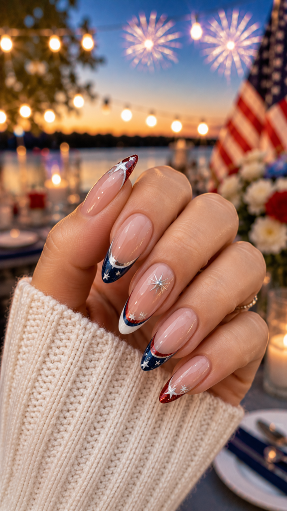 🥈 Best 2 Elegant Starry French Fourth of July Nail Designs