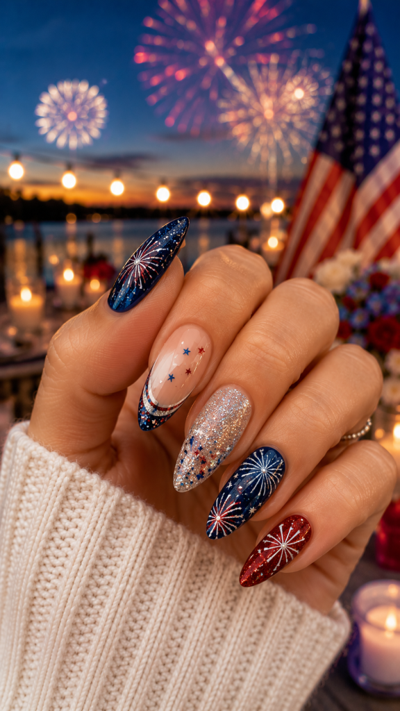 🥉 Best 3 Glam Fireworks Glitter Fourth of July Nail Designs