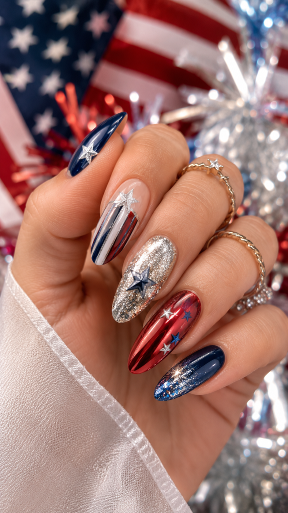 🥉 Best 3 Glamorous Americana Nails with Chrome and Glitter
