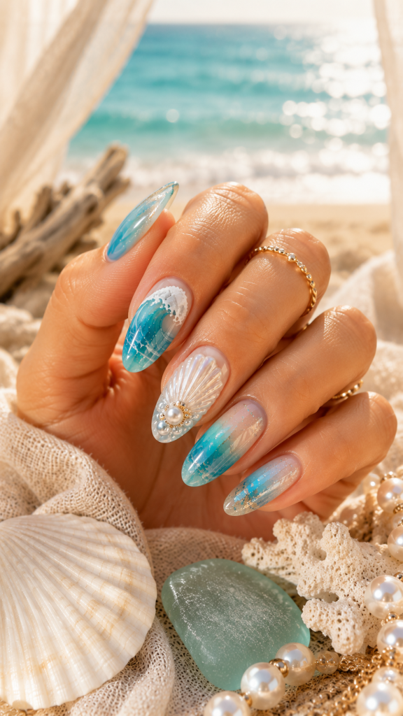 🥇 Best 1 Ocean Wave Surfside Nails with Glassy Blue Ombre