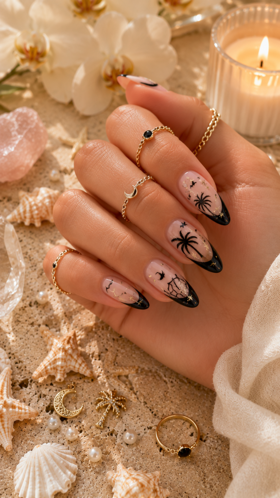 🥈 Best 2 Black French Tips With Tropical Gothic Details