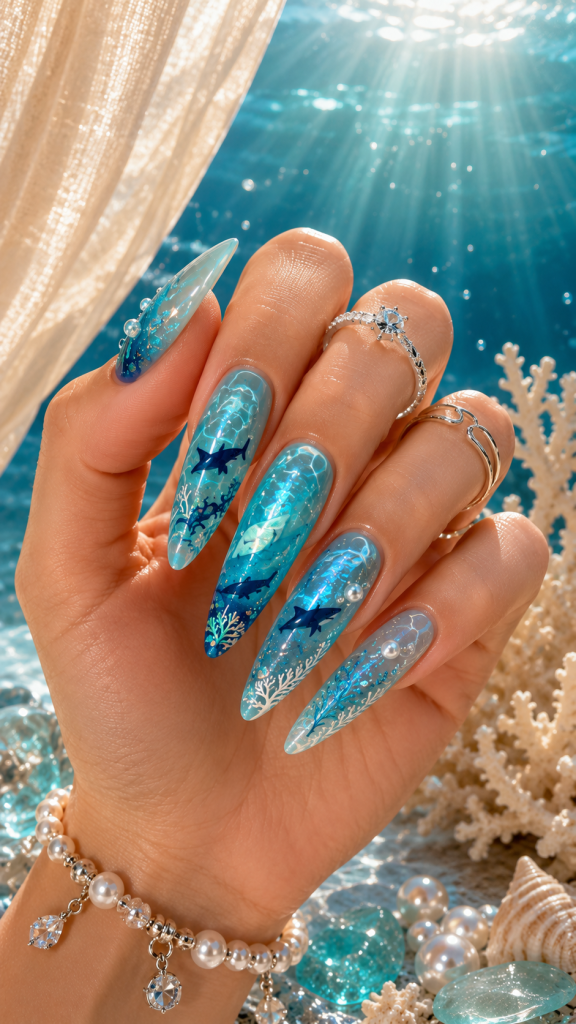 🥈 Best 2 Crystal Blue Underwater Shark Nails