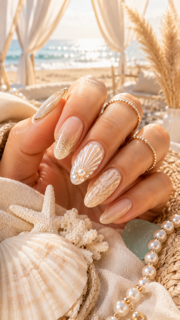 🥈 Best 2 Sandy Neutral Surfside Nails with Seashell Elegance
