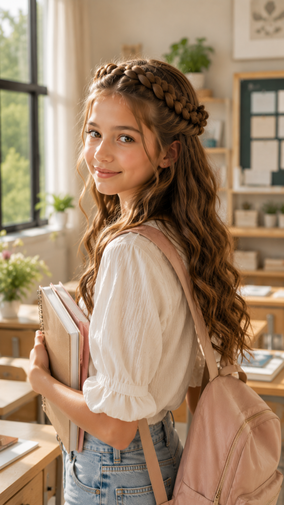 🥉 Best 3 Braided Crown Half Up Hairstyle for Elegant School Days
