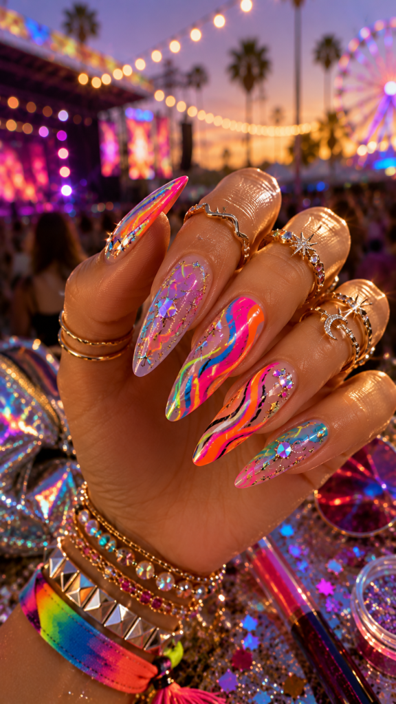 🥉 Best 3 Neon Abstract Lollapalooza Nails