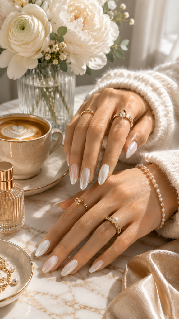 🥉 Best 3 Simple White Nail Designs with Soft Pearl and Milky Finishes