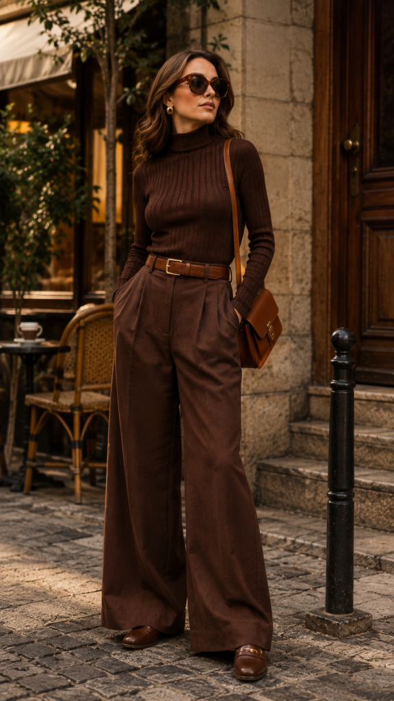 🥇 Best 1 Polished 70s Retro Chic Style With Wide Leg Trousers and a Fitted Knit