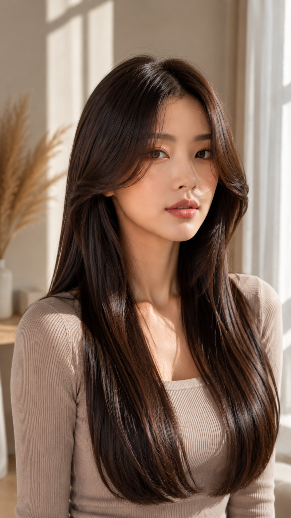 🥇 Best 1 Sculpted Cheekbone Long Curtain Bangs Straight Hair