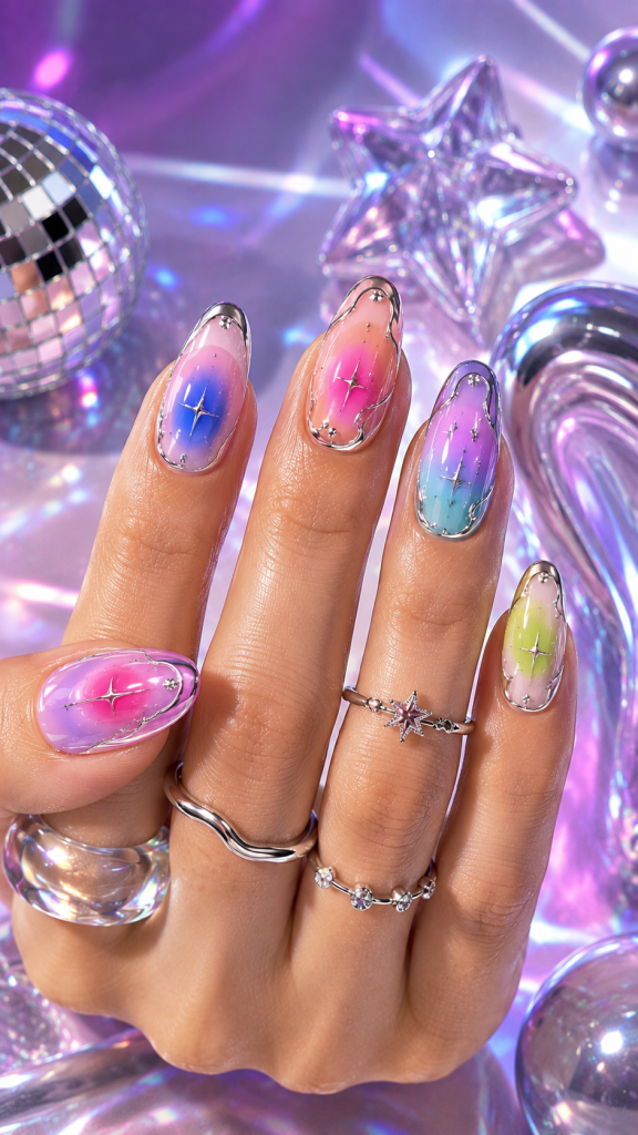🥈 Best 2 Colorful Aura and Chrome Y2K Nails for Futuristic Energy