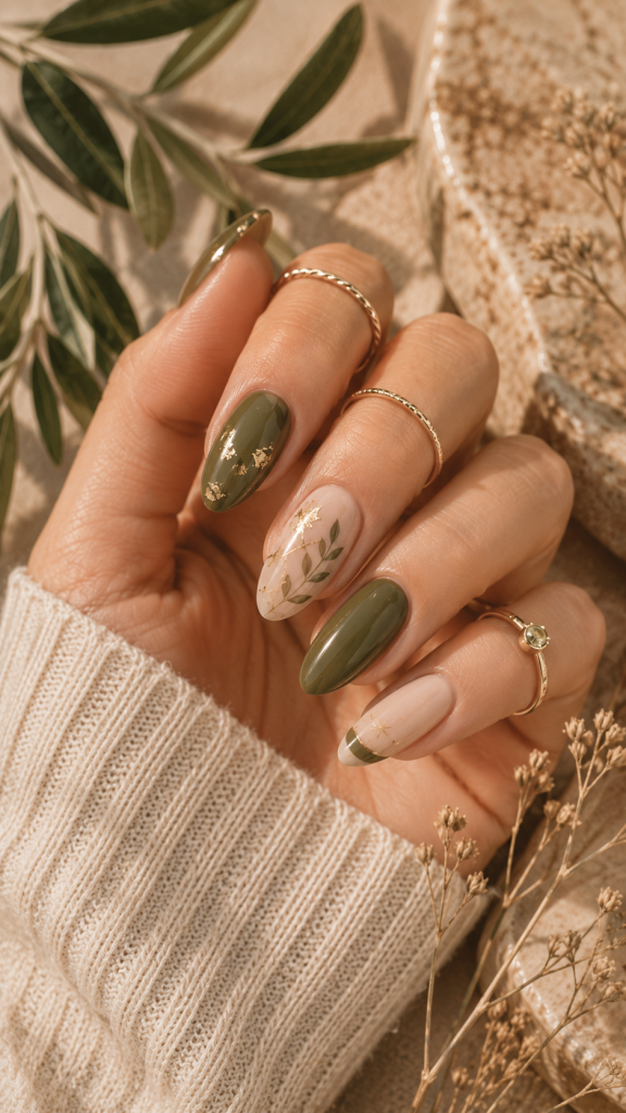 🥈 Best 2 Earthy Olive Virgo Season Nails With Modern Gold Accents