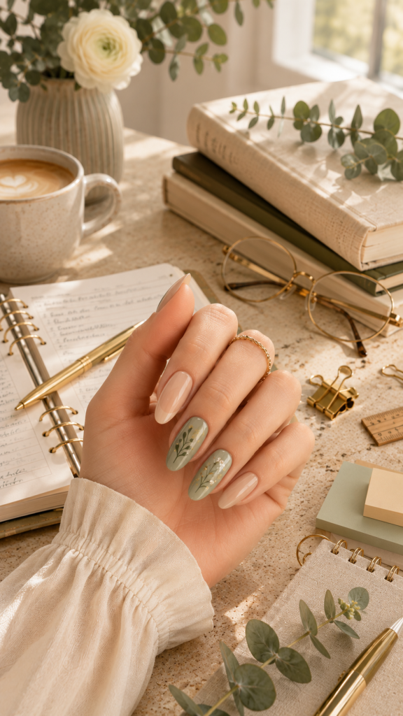 🥈 Best 2 Soft Sage Botanical Teacher Nails