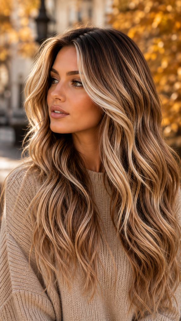 🥉 Best 3 Caramel Rooted Fall Blonde with Bright Face Framing