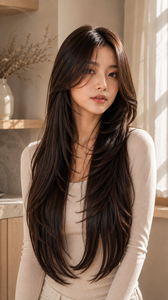 🥉 Best 3 Cascading Long Curtain Bangs Straight Hair with Long Layers