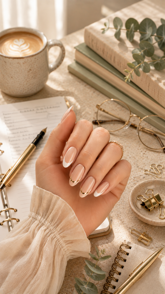 🥉 Best 3 Modern French Teacher Nails With Minimal Gold Details