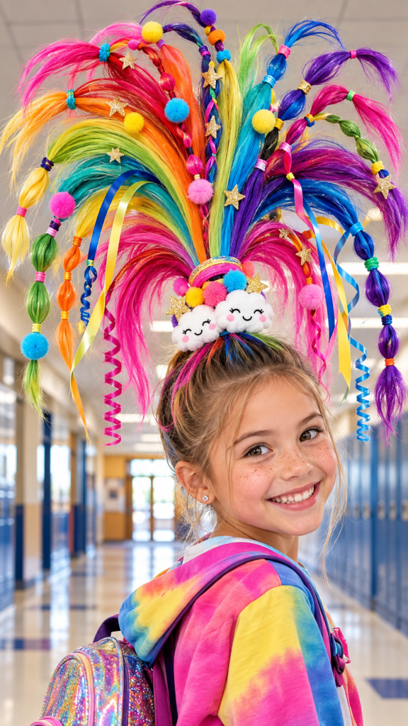 🥇 Best 1 Wacky Hair Day Ideas With a Giant Rainbow Fountain Ponytail
