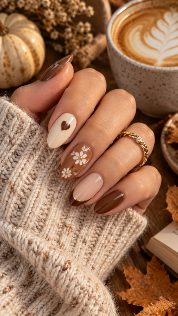 🥇 Top 1 Cozy Latte Cute Nails for Fall With Tiny Autumn Details