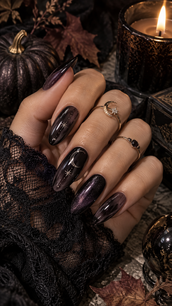 🥇 Top 1 Smoky Black Glass Halloween Themed Nail Designs With Celestial Details