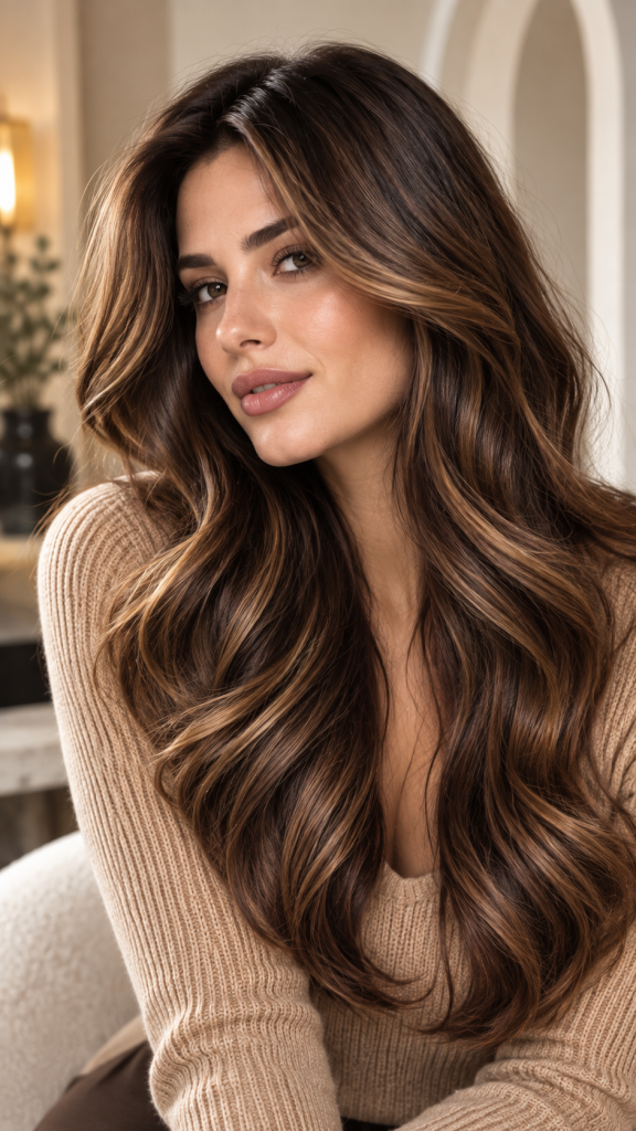 🥇 Top 1 Trendy Hair Colors With Dimensional Chocolate Brunette and Caramel Ribbons
