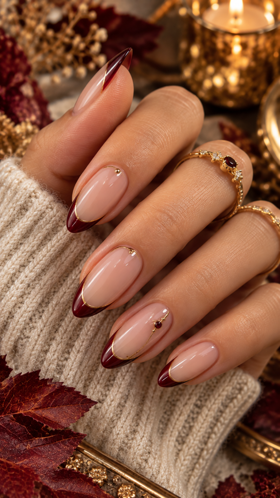 🥈 Best 2 Burgundy Fall Nails With Micro French Tips and Antique Gold