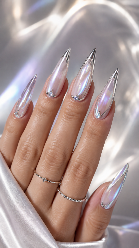 🥈 Best 2 Chrome Aurora Stiletto Nails Ideas for Futuristic Elegance