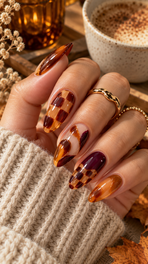 🥈 Best 2 Fall Funky Nails With Amber Jelly Checkerboard