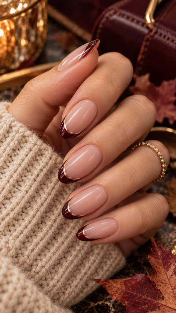 🥈 Best 2 Mulled Wine Micro French Maroon Fall Nails With Copper Thread