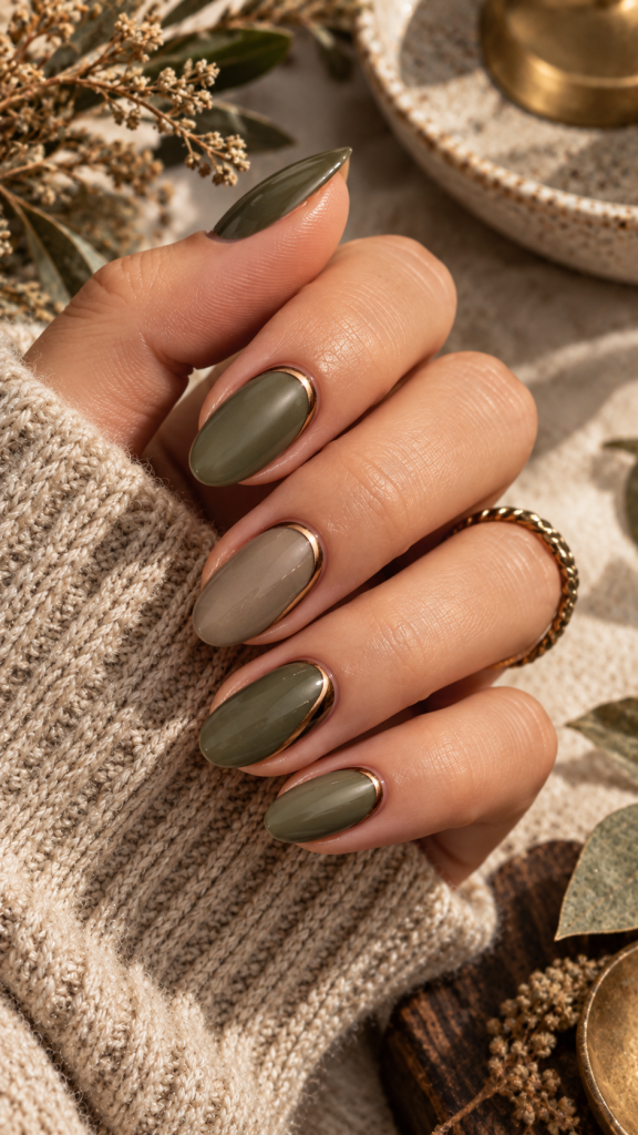 🥈 Best 2 Olive Cashmere September Fall Nails With Burnished Bronze Cuticle Arcs