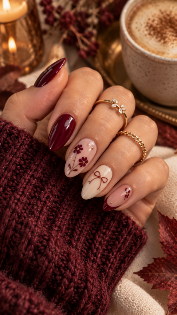 🥈 Top 2 Berry Floral Cute Nails for Fall With Romantic Mini Accents