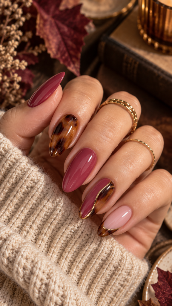 🥈 Top 2 Berry Pink Fall Nails With Tortoiseshell Accents