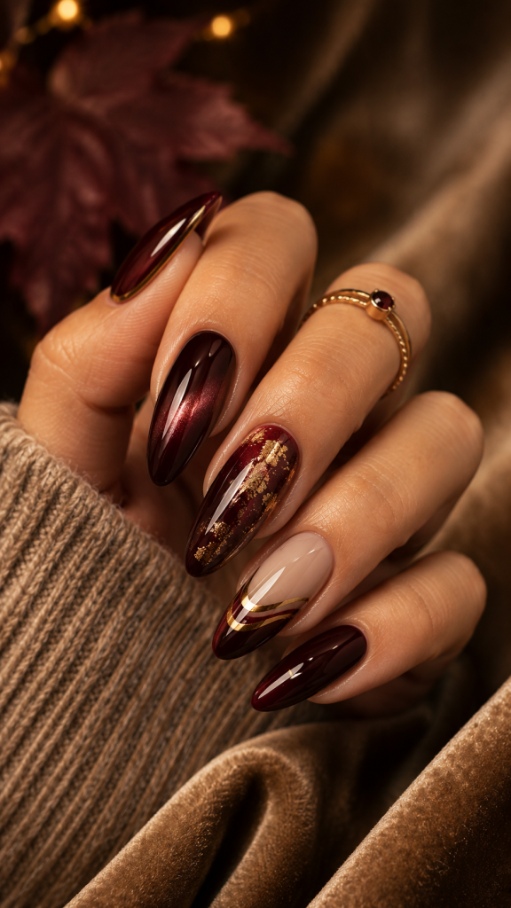 🥈 Top 2 Burgundy Fall Acrylic Nails With Metallic Luxury