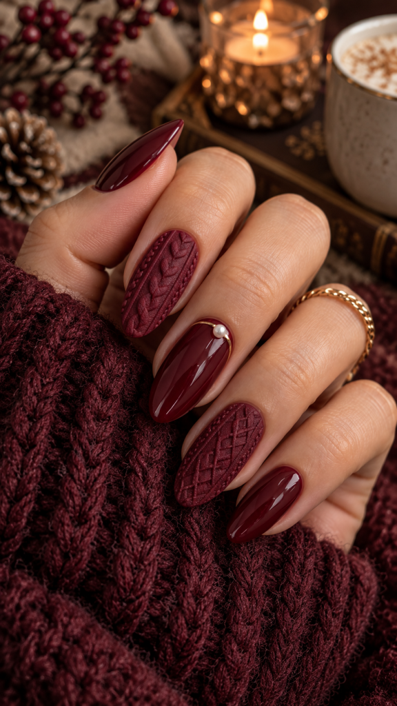 🥈 Top 2 Burgundy Sweater Pattern Nail Art for a Rich Winter Look