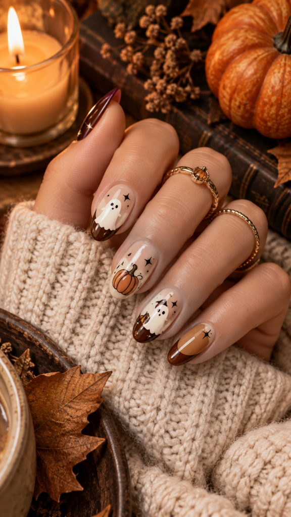 🥈 Top 2 Cute Creamy Ghost and Pumpkin Halloween Nail Designs
