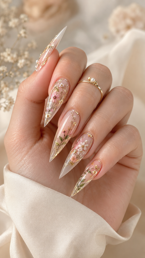 🥉 Best 3 Botanical Glass Stiletto Nails Ideas for Romantic Artistry