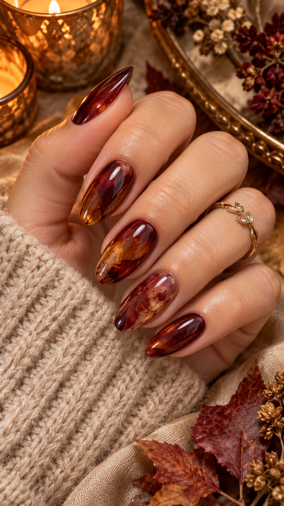 🥉 Best 3 Burgundy Fall Nails With Maple Glaze and Sheer Amber Layers