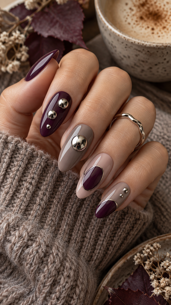 🥉 Best 3 Fall Funky Nails With Plum Mushroom Chrome Dots