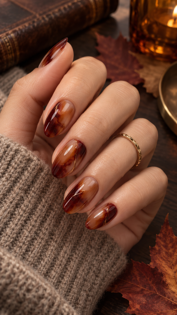 🥉 Best 3 Maroon Maple Glaze Fall Nails With Sheer Amber Veil