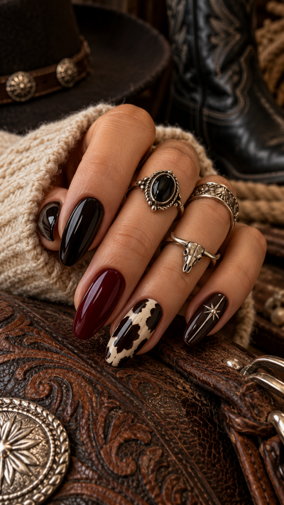 🥉 Best 3 Western Fall Nails With Midnight Rodeo Cowhide Style