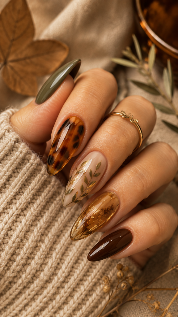 🥉 Top 3 Artistic Fall Acrylic Nails With Tortoiseshell and Botanical Details