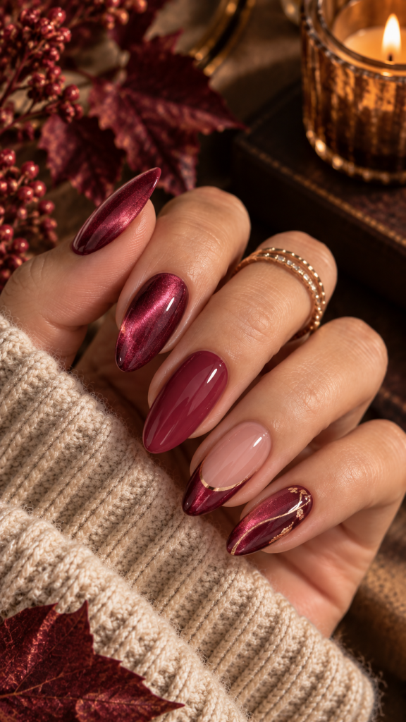 🥉 Top 3 Deep Pink Velvet Nails With Rose Gold Details