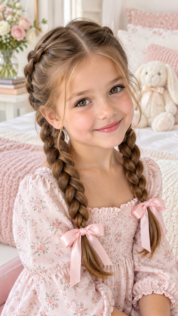 🥉 Top 3 Double Braided Pigtails With Soft Ribbon Details