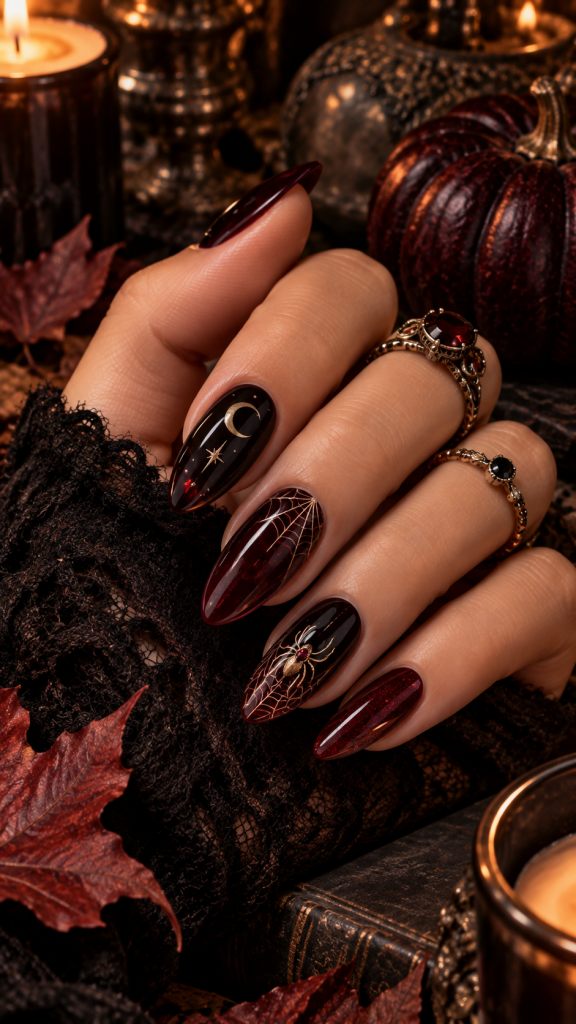 🥉 Top 3 Gothic Burgundy Halloween Nails With Delicate Spiderweb Details