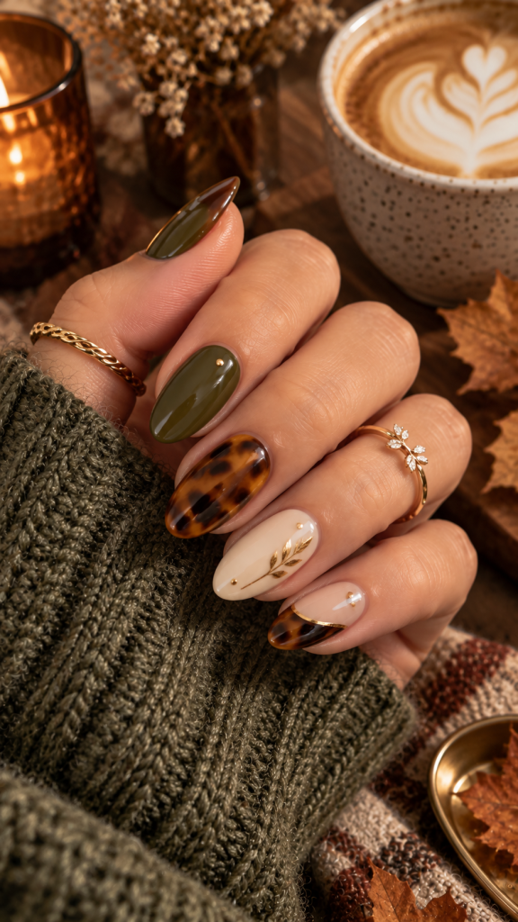 🥉 Top 3 Olive Tortoiseshell Cute Nails for Fall With Golden Details