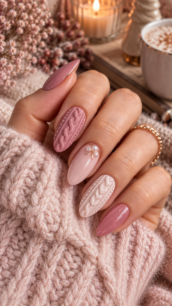 🥉 Top 3 Soft Pink Sweater Pattern Nail Art With Romantic Winter Details