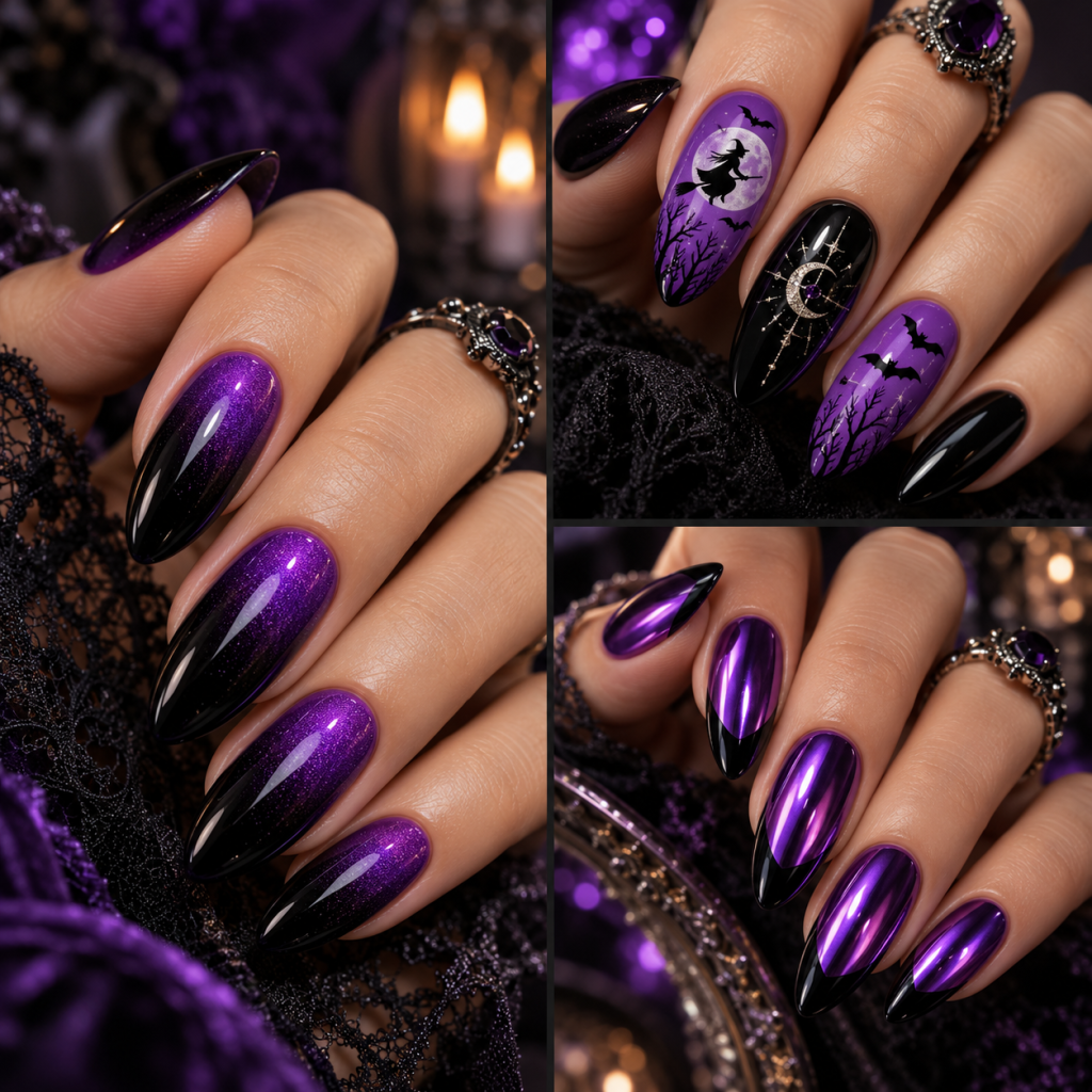 Best 3 Black and Purple Halloween Nail Designs That Look Dark and Magical