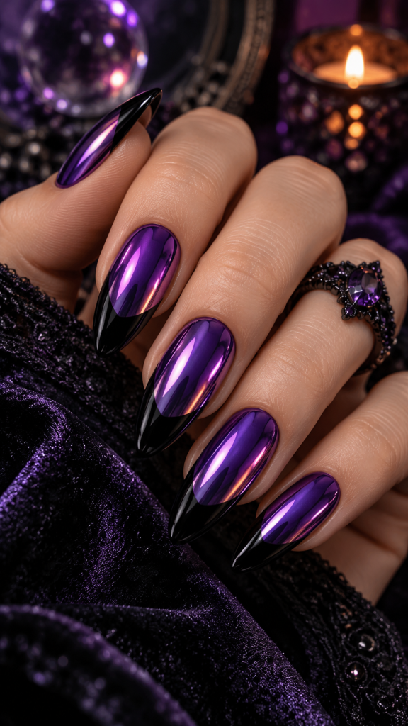 ๐ฅ 3. Black and Purple Chrome Halloween French Tips for a Futuristic Gothic Finish
