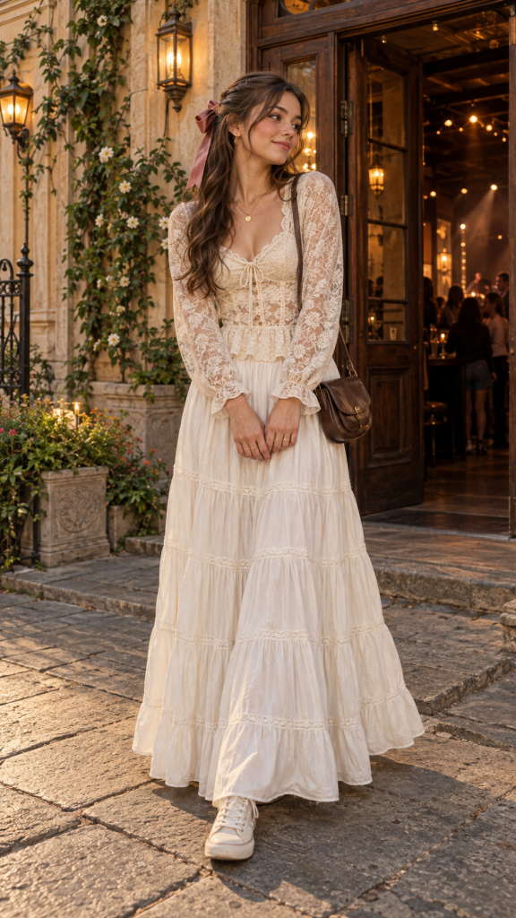 🥇 1 Lizzy McAlpine Concert Outfit With a Romantic White Maxi Skirt and Delicate Lace Top
