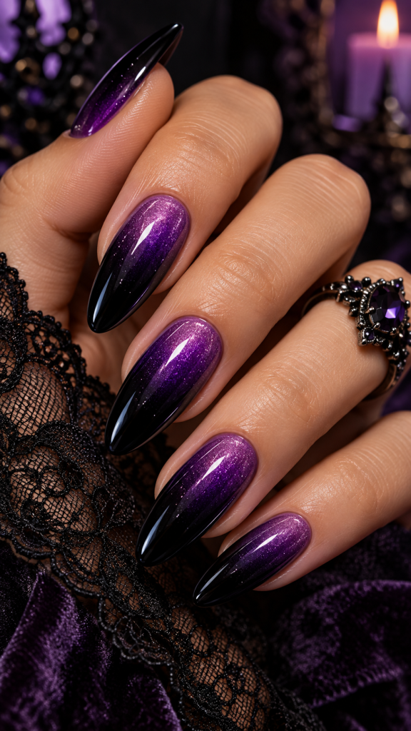 🥇 1. Black and Purple Ombre Halloween Nails for a Dark Magical Gradient