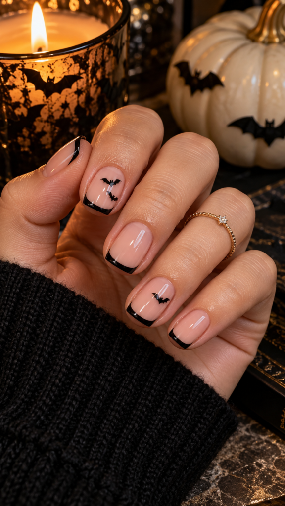 🥇 1. Tiny Midnight Bat Micro French Nails for an Elegant Halloween Look